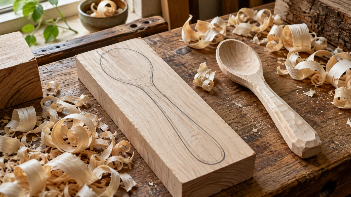 A pale wood carving blank with a spoon outline beside an unfinished spoon and wood shavings