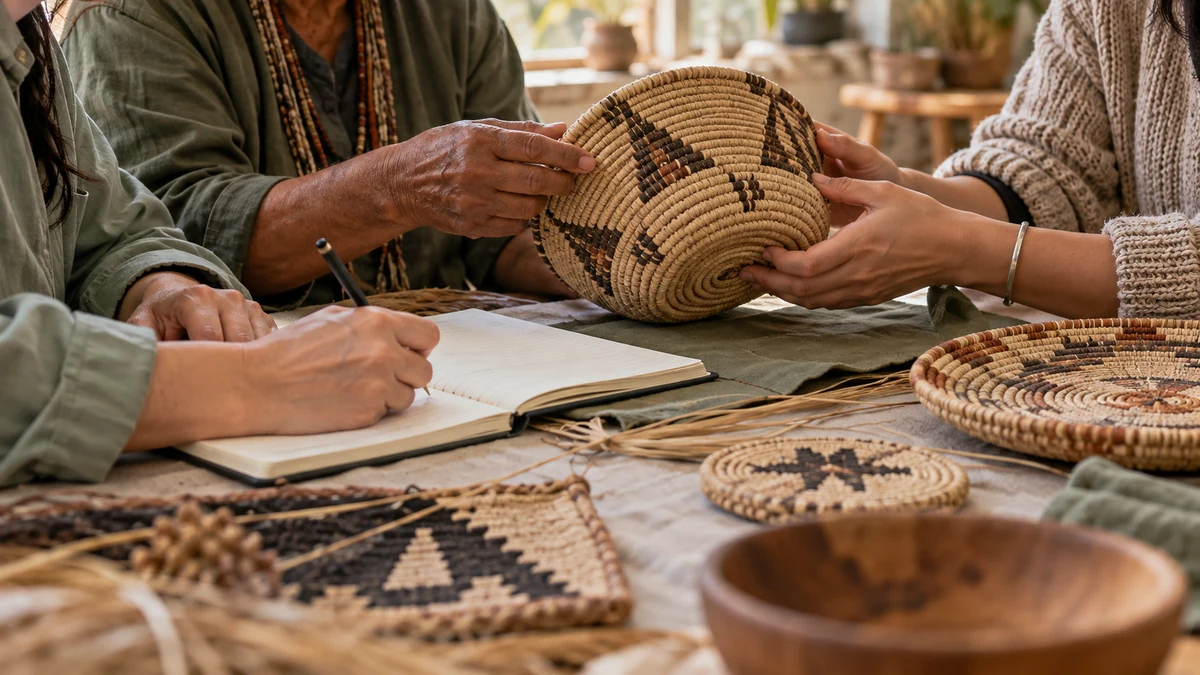 Practitioners and a researcher review a basketry object and shared inventory notebook around a table
