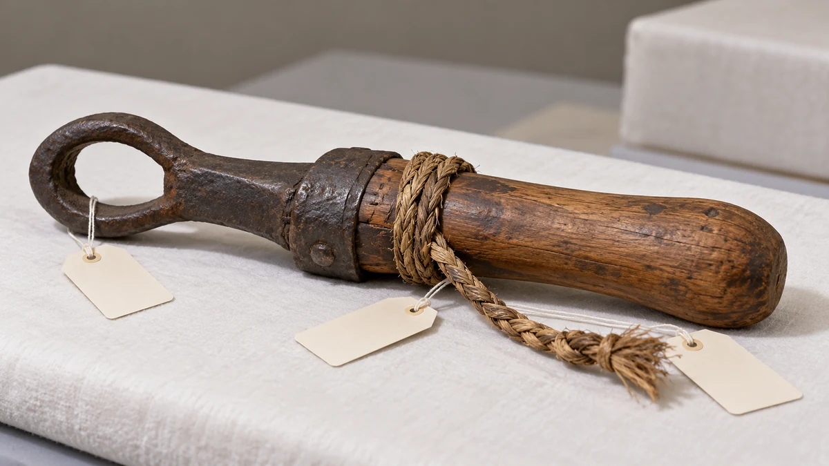 A small historic craft object made of wood, brass, and woven fibre rests on separate padded supports