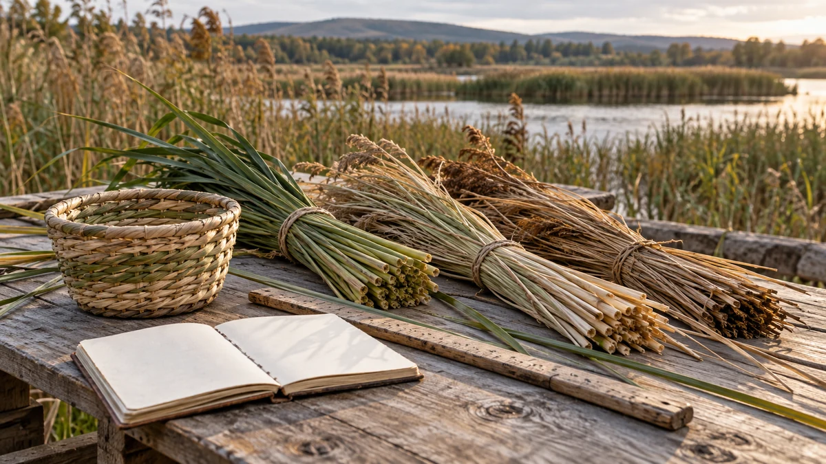 A basket made from plant fibres sits beside gathered stems, a seasonal notebook, and field notes