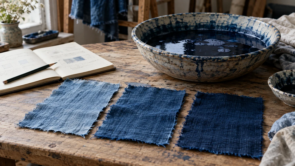 Three indigo-dyed cotton swatches arranged beside a shallow dye vat and a field notebook