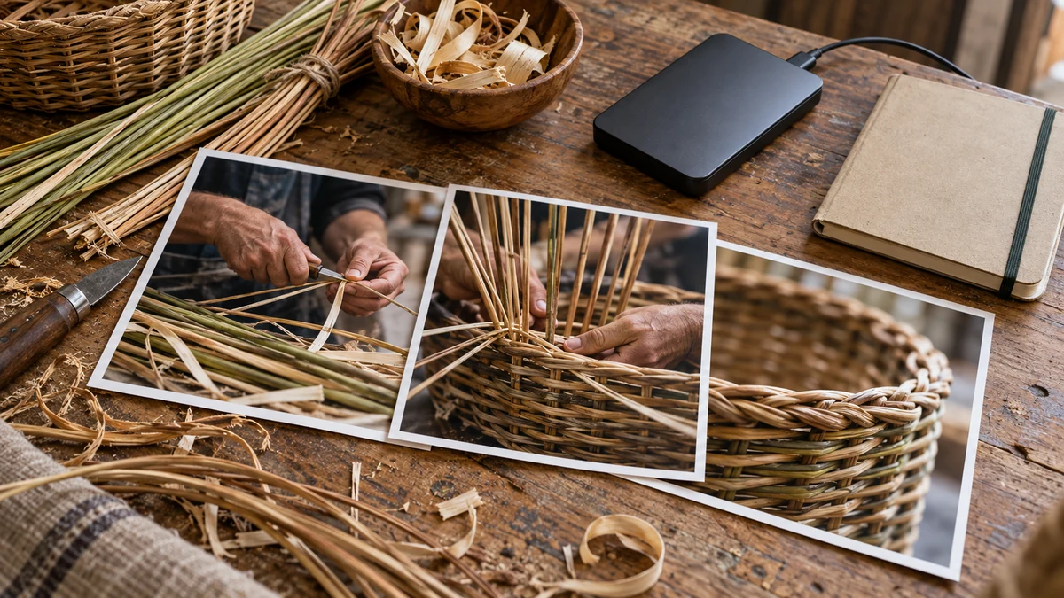 Contact sheets of a basket-making sequence sit beside a notebook and portable archival drive