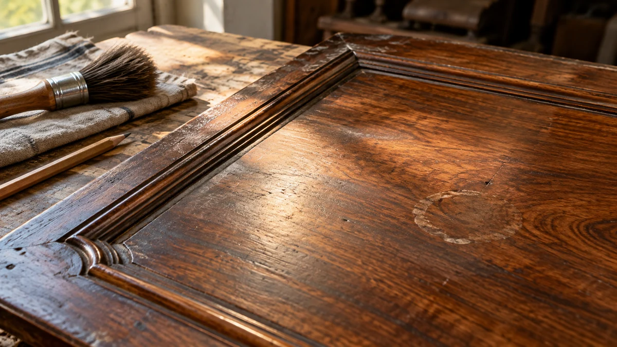 An antique wood panel under raking daylight beside an unused soft brush and folded cloth