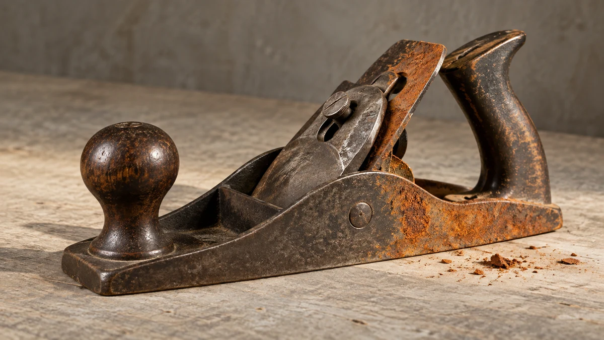 An old iron hand plane with a dark patinated surface and areas of orange corrosion on a worktable