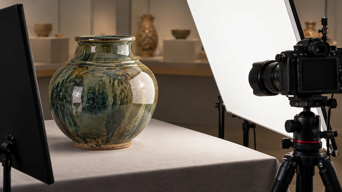 A camera and broad diffuse light are arranged beside a glossy ceramic vessel in a documentation studio