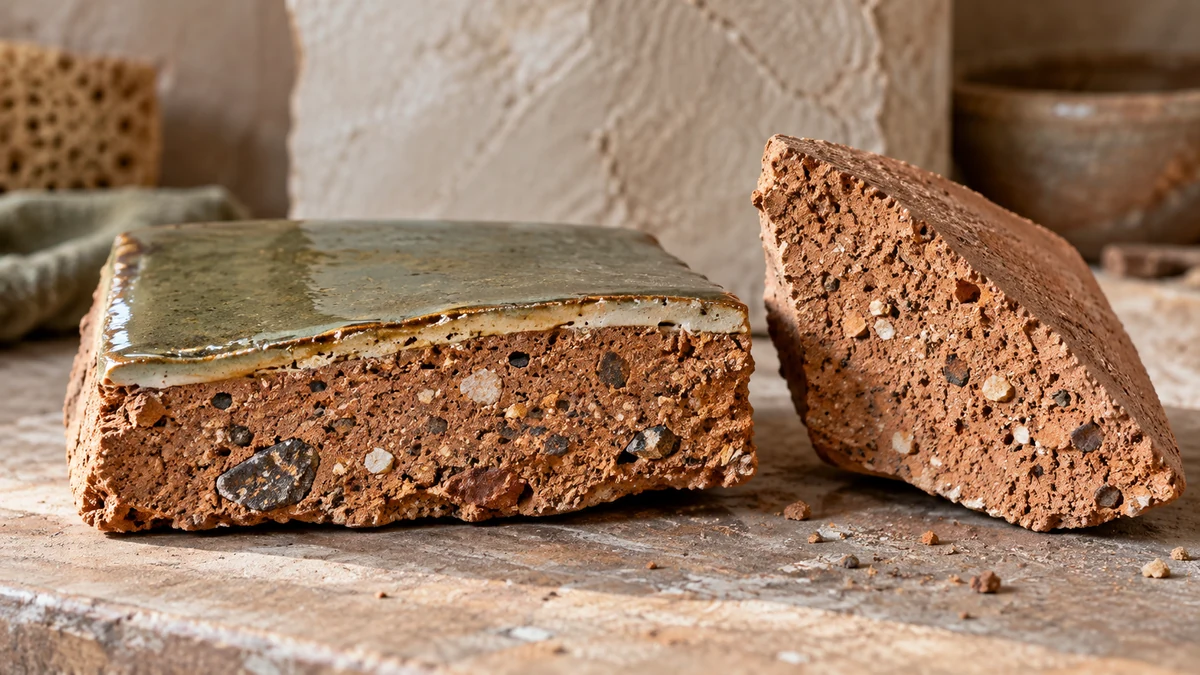 Contemporary earthenware test tile and shard showing a glazed surface and coarse inclusions in the clay body