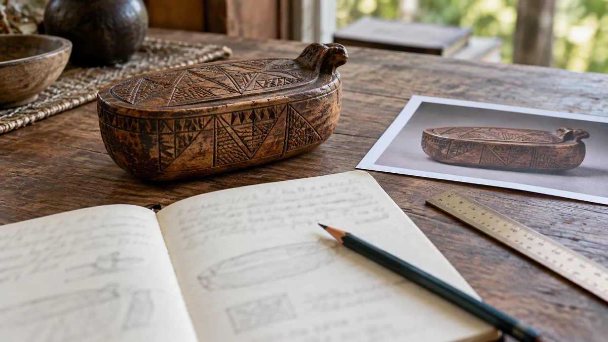 A carved wooden object rests beside a notebook, ruler, and condition sketch in a field documentation workspace