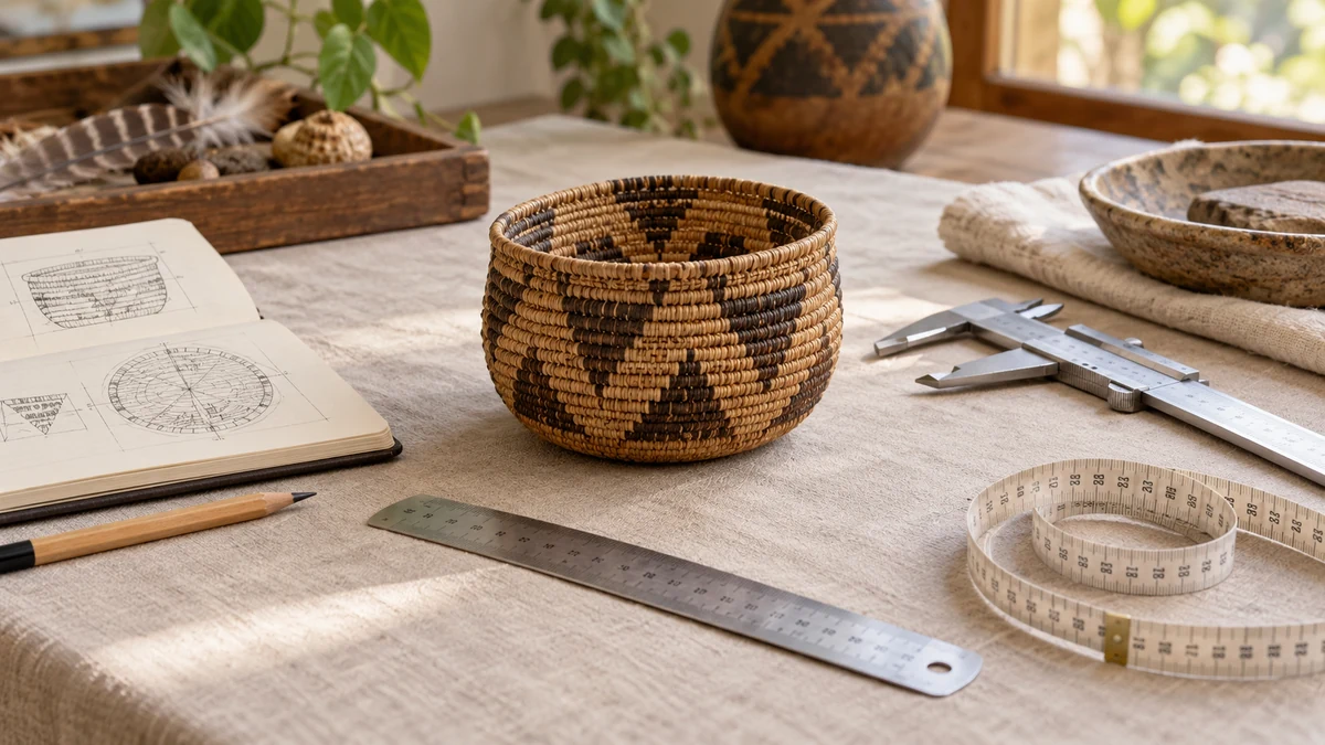 A woven basket, open measurement notebook, ruler, and tape measure arranged on a documentation table