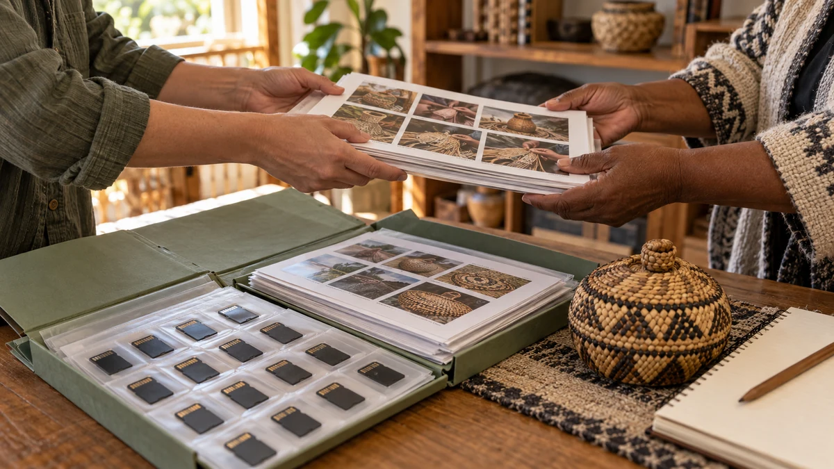 A community archive folder, memory card, printed photographs, and a craft object arranged for a documentation handoff