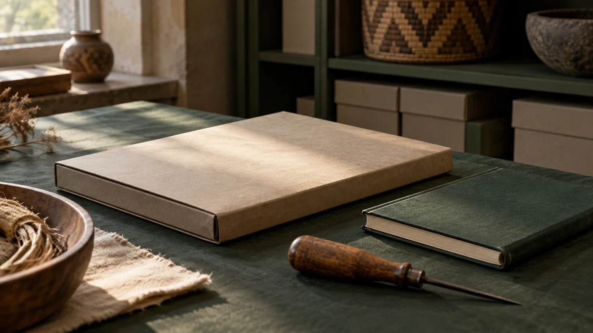 A closed archival folder with a neutral inventory card rests beside a craft tool and notebook