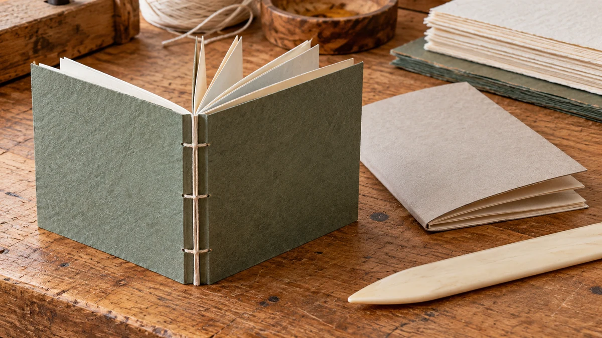 A small sewn paper pamphlet opened to show its folded sections and visible thread along the spine