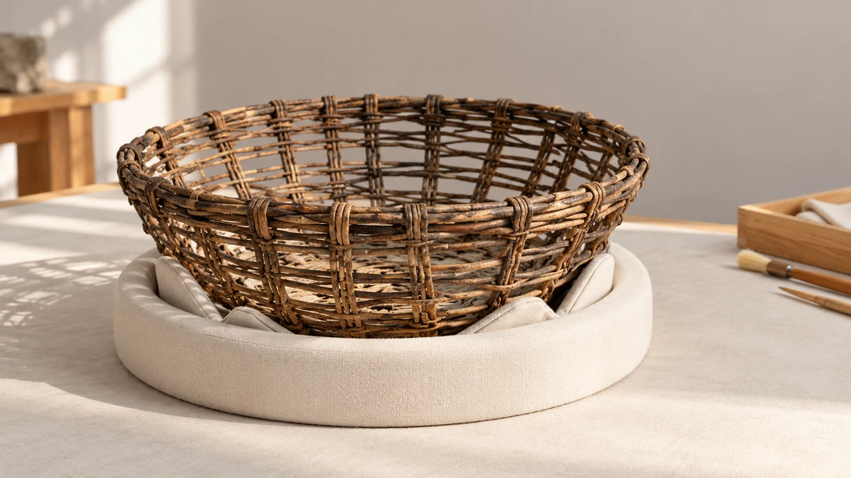 A small coiled grass basket rests in a custom padded cradle while a conservator checks its fit