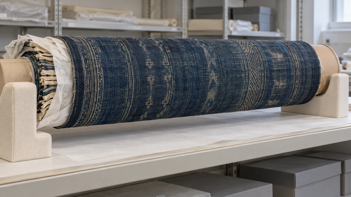 A conservator guides a broad woven textile onto a wide padded storage tube with its full width supported
