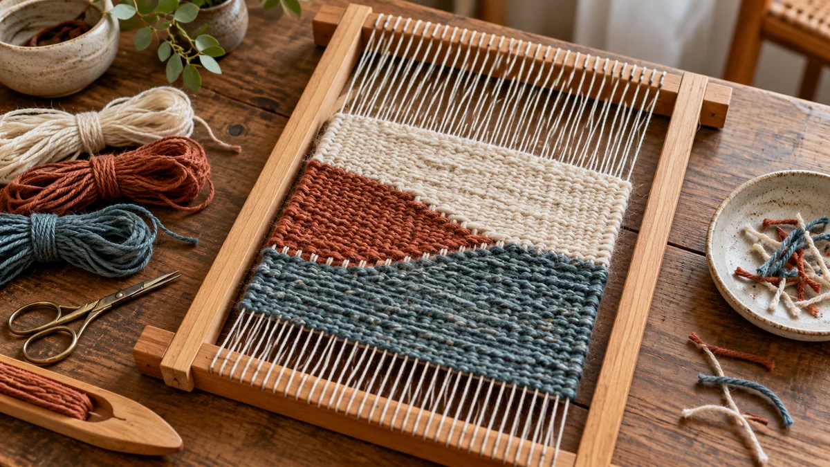 A small tapestry sampler with a taut warp and three distinct weft blocks on a wooden frame loom