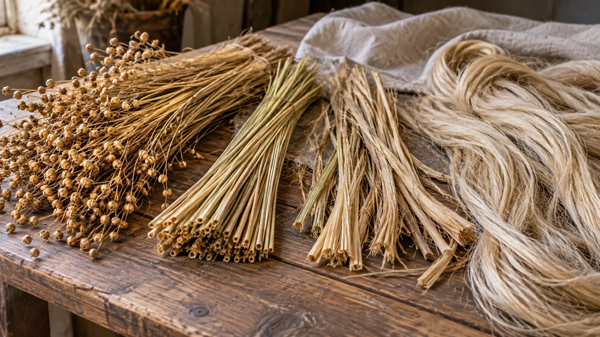 Bundles of flax stalks and separated bast fibres arranged at different stages on a worktable