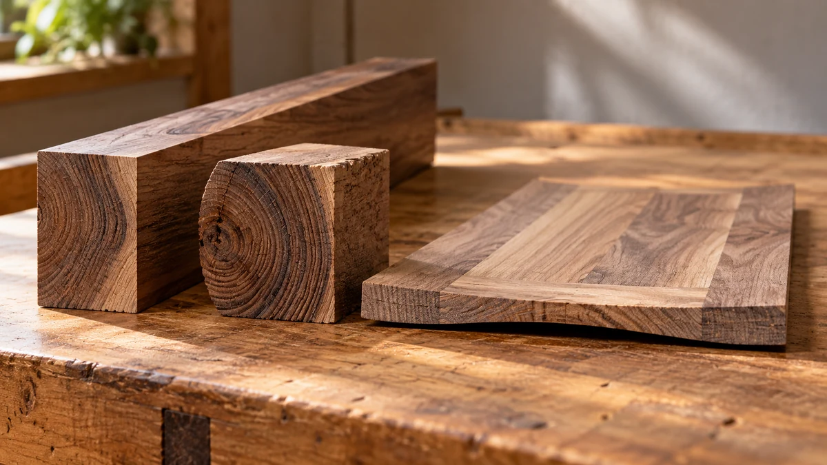Wood offcuts showing end grain and long grain on a workshop bench